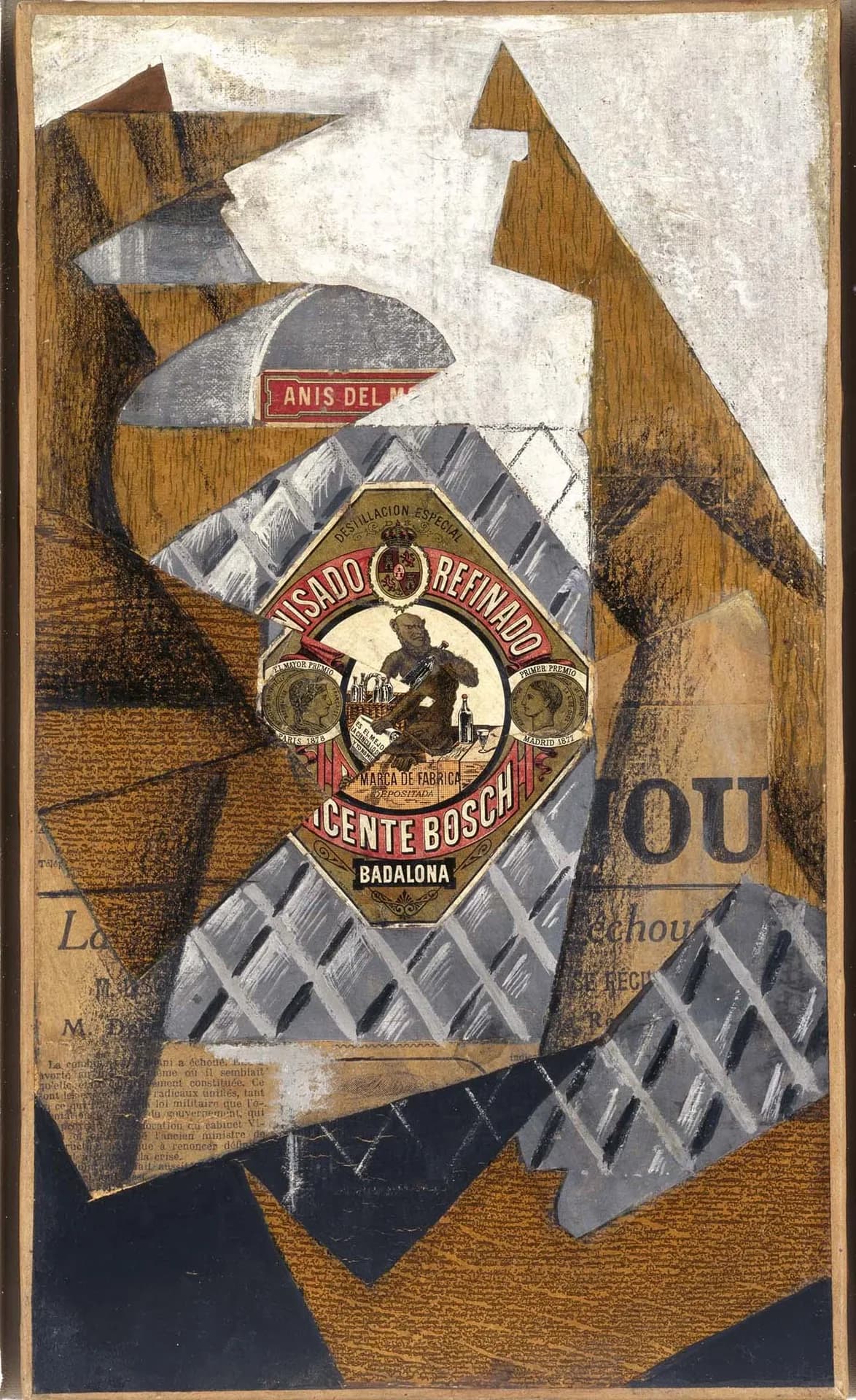 후안 그리스, 〈아니스 델 모노 병〉, 1914. 붙인 종이와 문자, 그려진 형태가 결합된 구성적 큐비즘의 대표 사례.